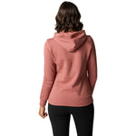 Woman wearing Fox Racing cranberry pullover fleece hoodie, back view on white background