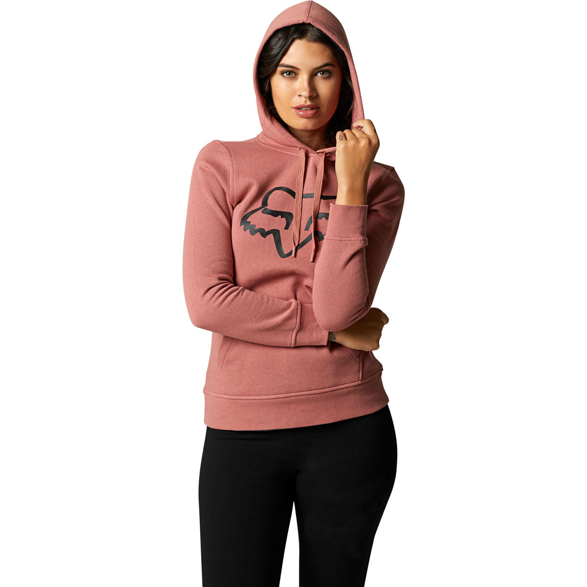Woman wearing Fox Racing pink pullover fleece hoodie with logo on white background