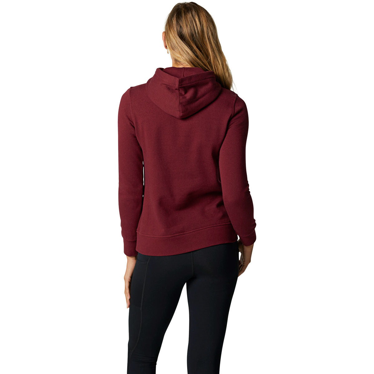 Woman wearing burgundy hooded pullover fleece, back view against white background