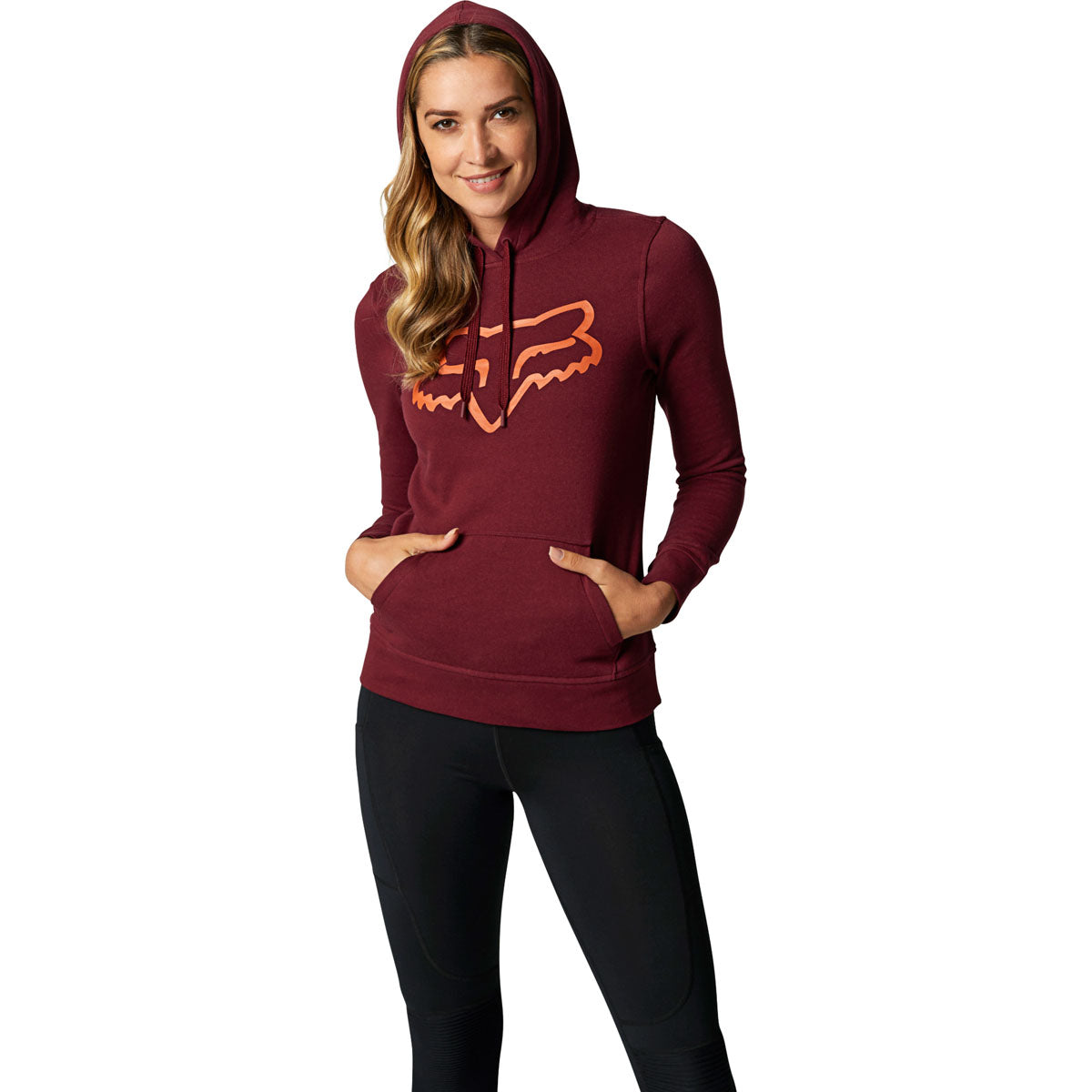 Woman wearing Fox Racing burgundy pullover hoodie with orange fox logo
