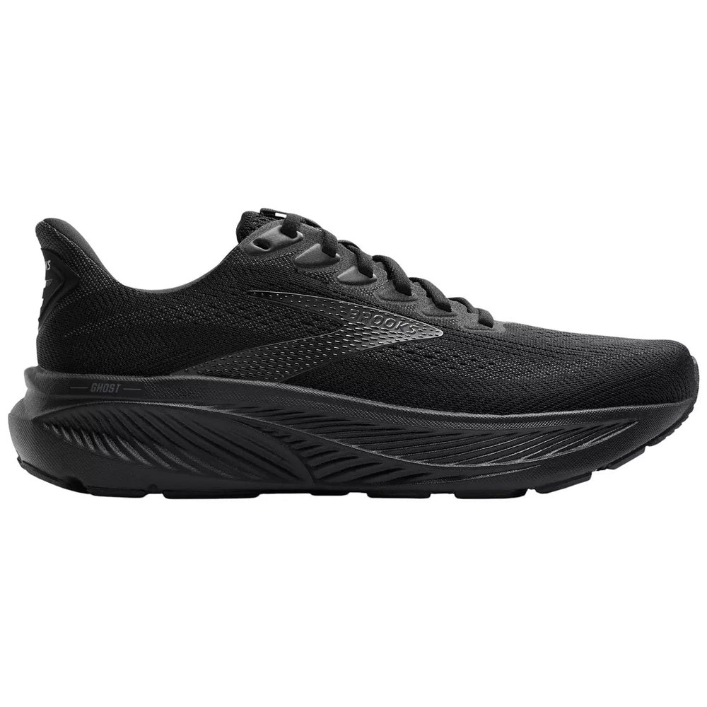 Brooks Ghost 17 women's running shoe in all-black colorway, lateral side view