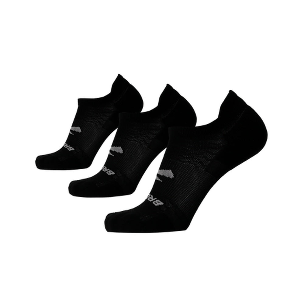 Brooks Run-In No Show black socks 3-pack displayed on white background