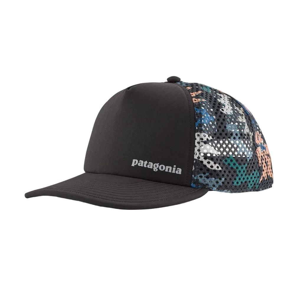 Patagonia trucker hat with black front and colorful geometric mesh back panel