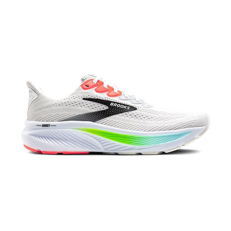 Brooks Ghost 17 men's running shoe in white with pink clay and gecko accents