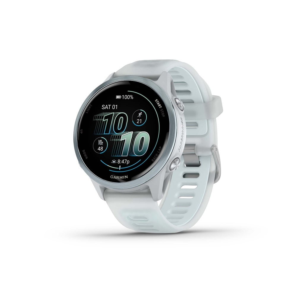 Garmin Forerunner smartwatch with white translucent band and blue accents on white background