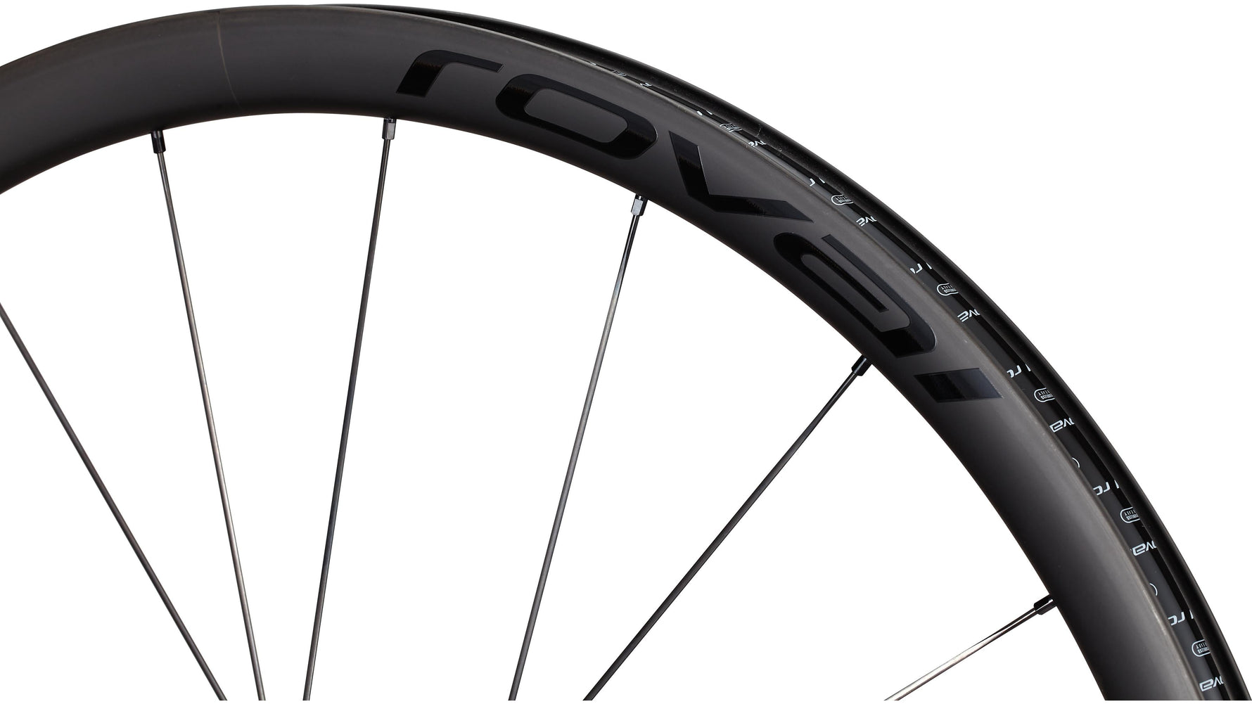 Specialized Roval carbon wheel rim with black spokes on white background
