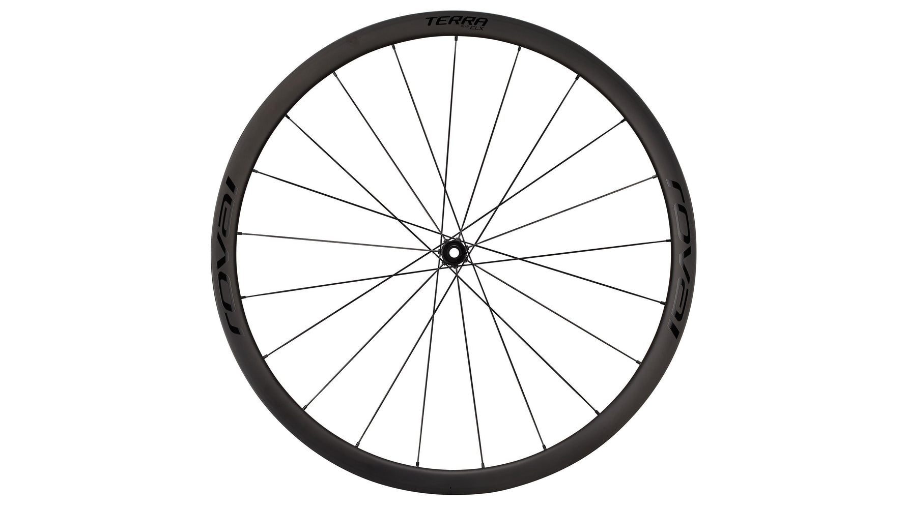 Specialized Roval Terra CLX rear carbon bicycle wheel with black spokes on white background