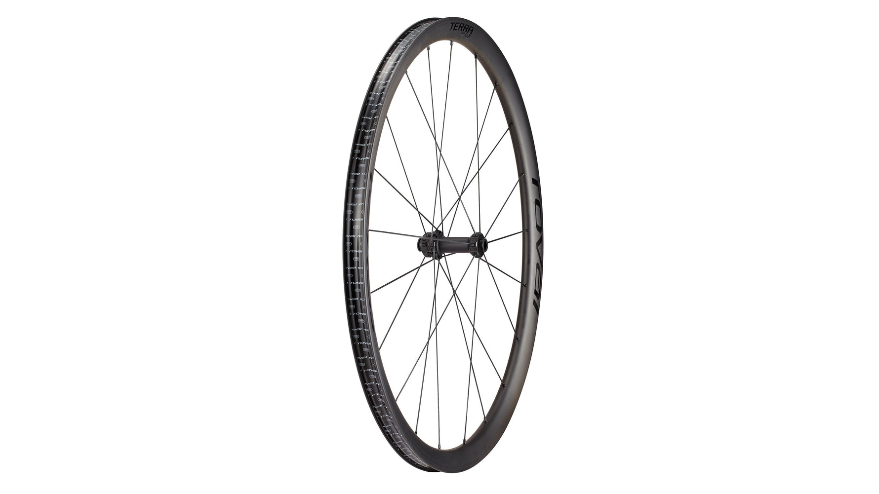 Specialized Roval Terra CLX rear carbon wheel with black spokes on white background