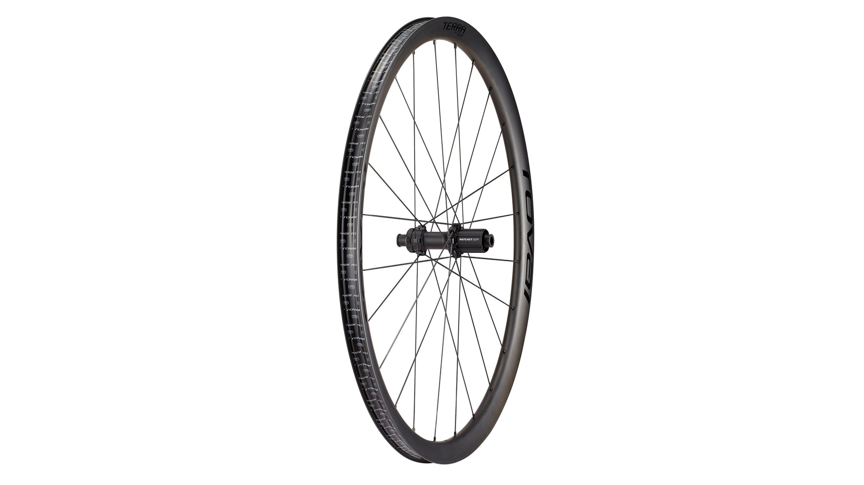 Specialized Roval Terra CLX rear carbon wheel in satin carbon and gloss black finish