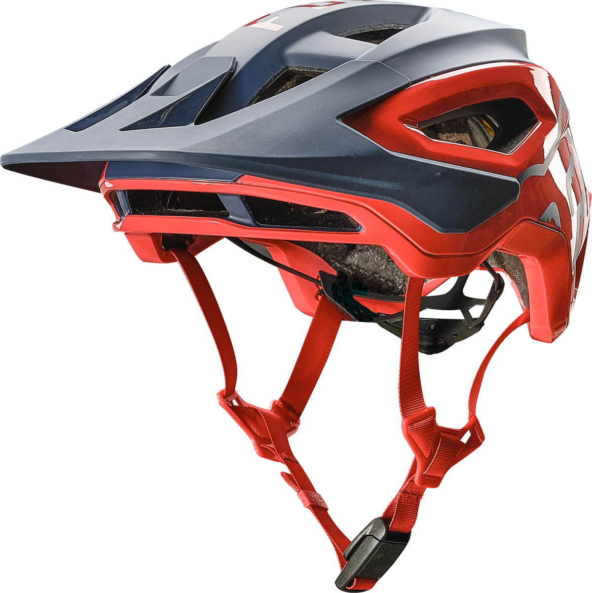 Fox Speedframe Pro MTB helmet in navy blue and red with ventilation ports and chin strap