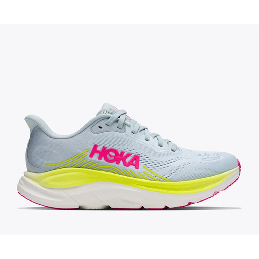 HOKA Clifton 11 running shoe in mineral blue with neon yellow sole and pink branding