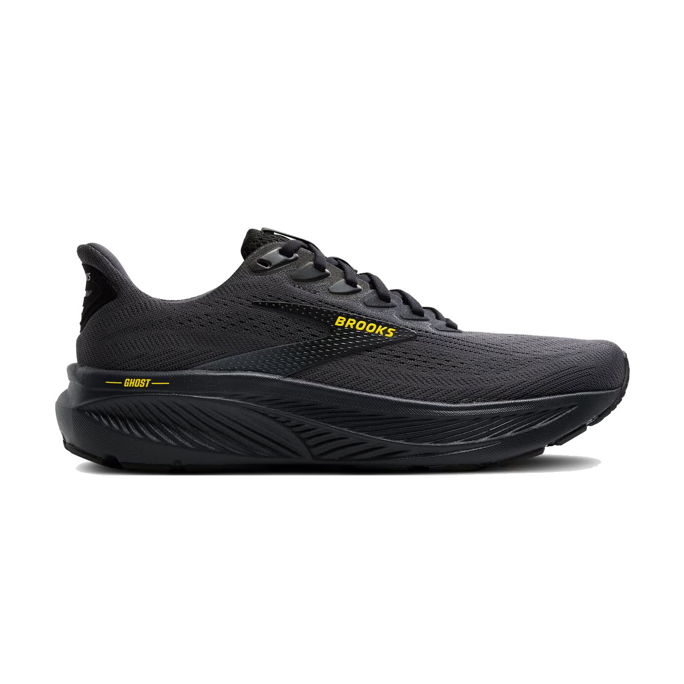 Brooks Ghost 17 men's running shoe in ebony black with yellow brand accents