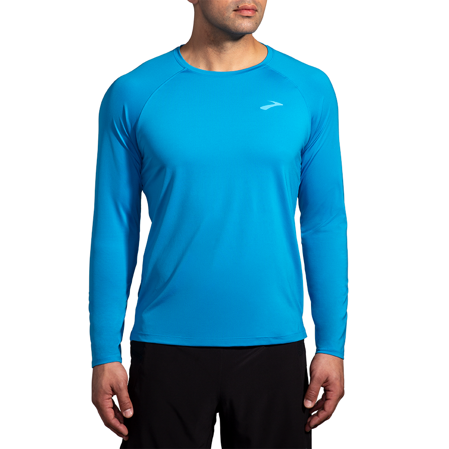 Brooks Atmosphere Long Sleeve 2.0 men's running shirt in cerulean blue on model