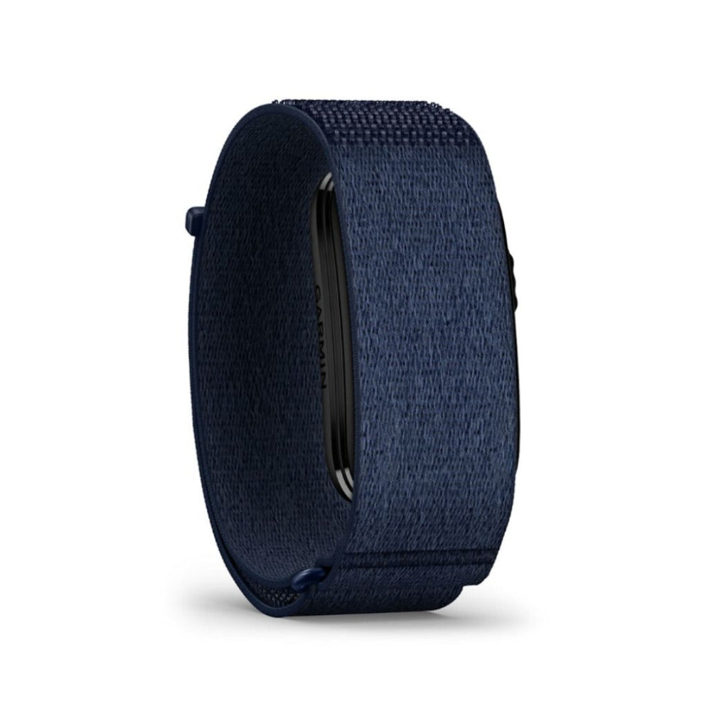 Garmin CIRQA Smart Band in Captain Blue with nylon loop strap on white background