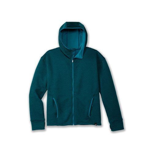 Brooks Activate Midweight Hoodie in teal blue with full zip and hood