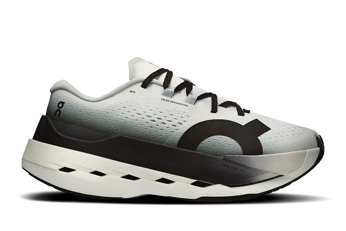On Cloudboom Max women's running shoe in white with black accents