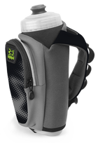 Amphipod handheld hydration system with gray strap and clear water bottle