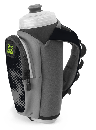 Amphipod handheld water bottle with gray strap and clear bottle on white background
