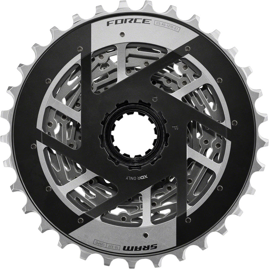 SRAM Force XG-1270 12-speed cassette in silver and black, 10-33T, XDR driver