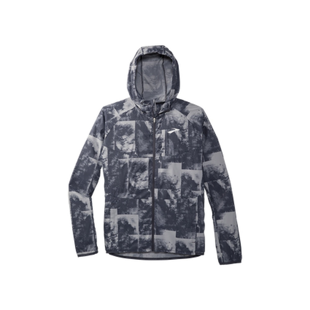 Brooks Canopy Packable Jacket in gray concrete cloud dye print pattern