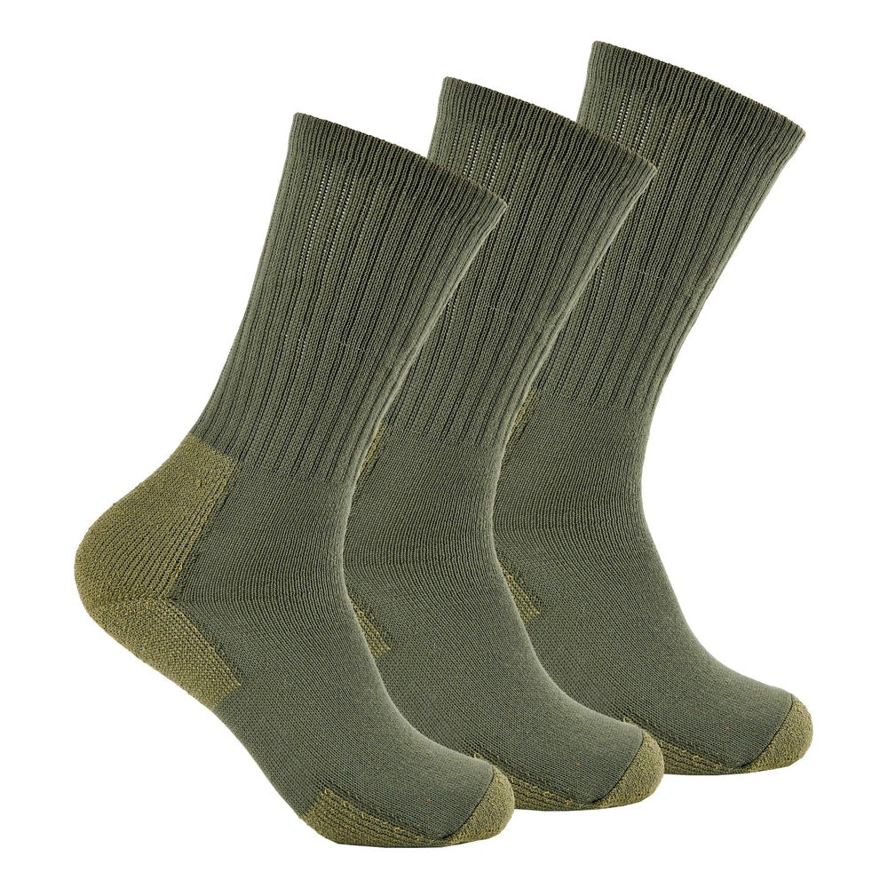 Three olive green crew hiking socks with tan heel and toe reinforcement displayed upright