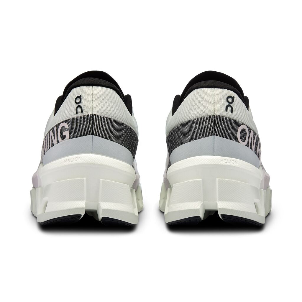 On Cloudmonster 2 men's running shoes in undyed white and frost colorway, rear view