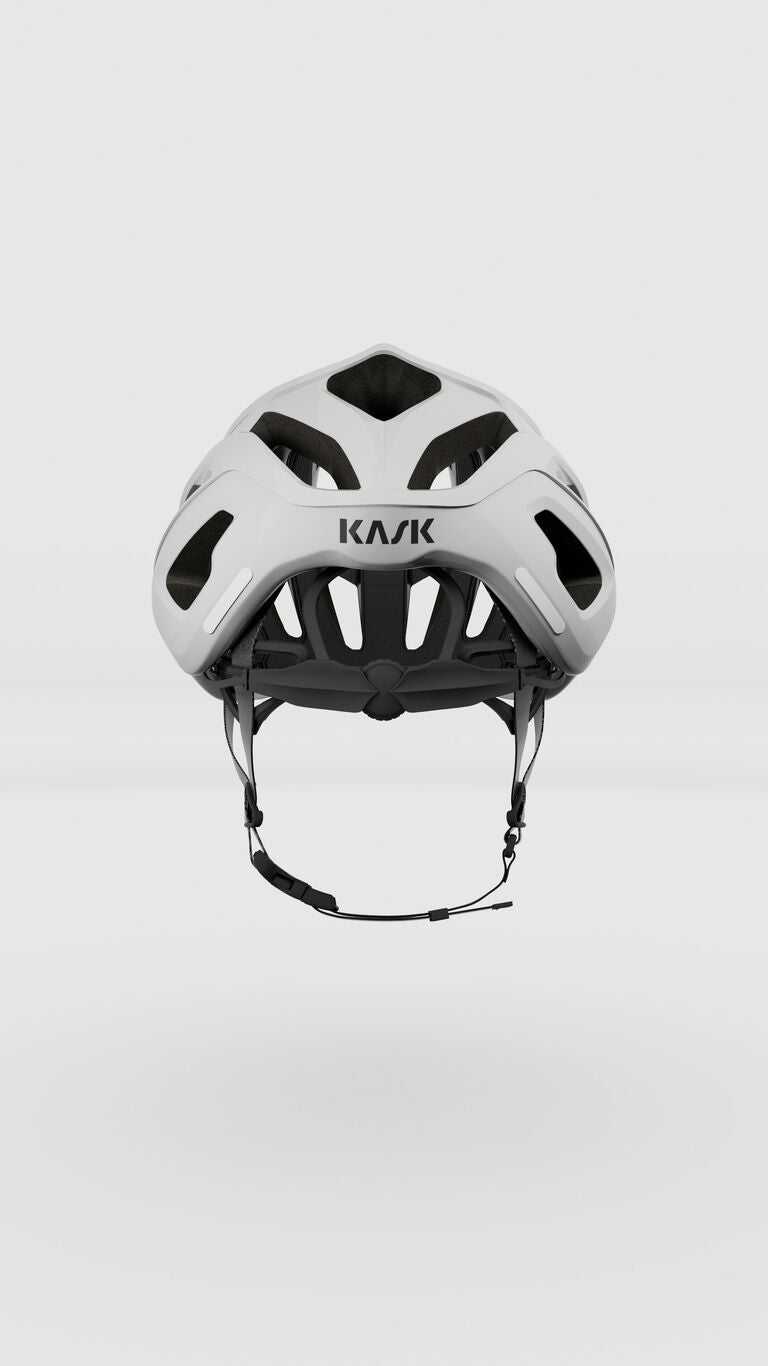 Kask Mojito Cubed helmet in white matte finish shown from rear view against clean background
