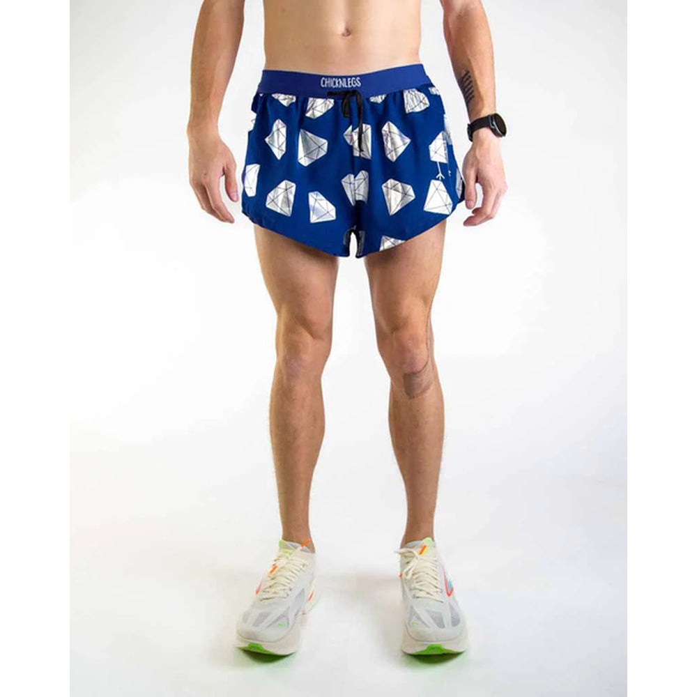 ChicknLegs men's blue running shorts with white diamond pattern and split sides