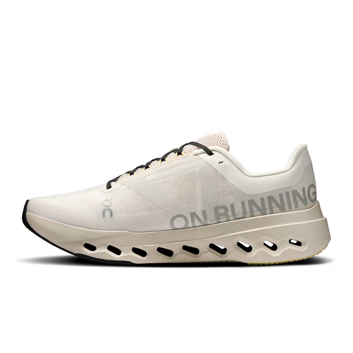 On Cloudsurfer Next men's running shoe in ivory showing ON RUNNING medial branding and black outsole