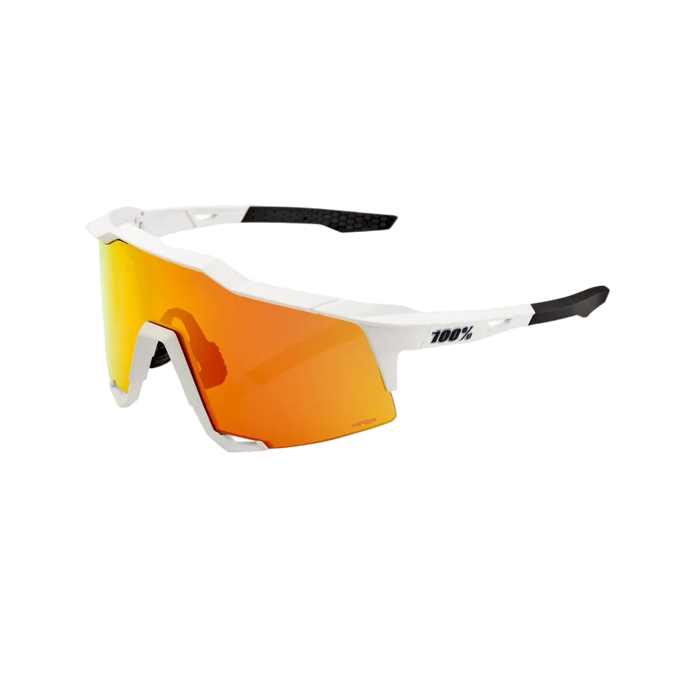 100% Speedcraft sunglasses with white frame and orange-red mirror lens