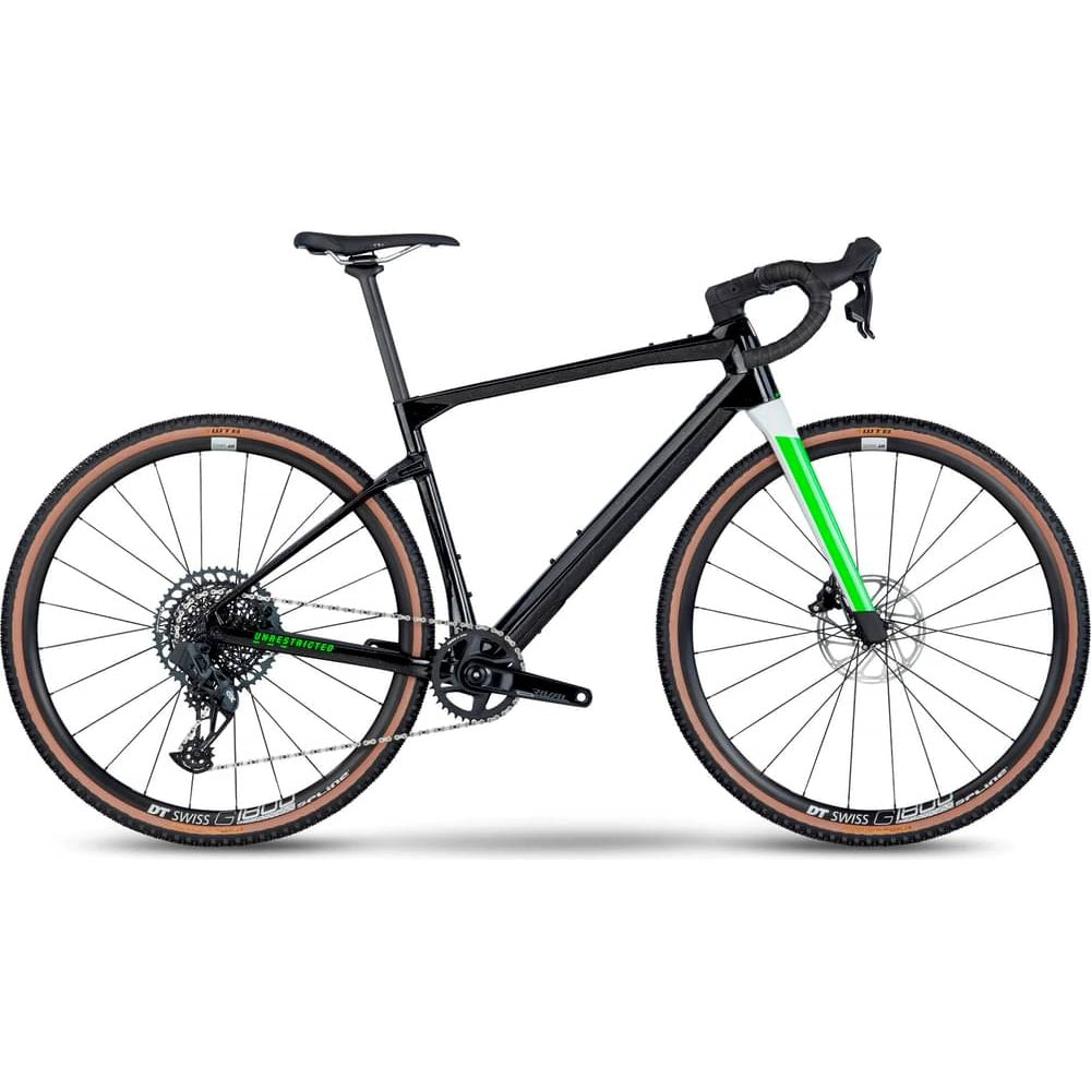BMC UnReStricted URS 01 gravel bike in speckle black with green fork