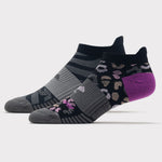 Brooks Ghost Lite No Show socks in black with leopard print and purple heel accent