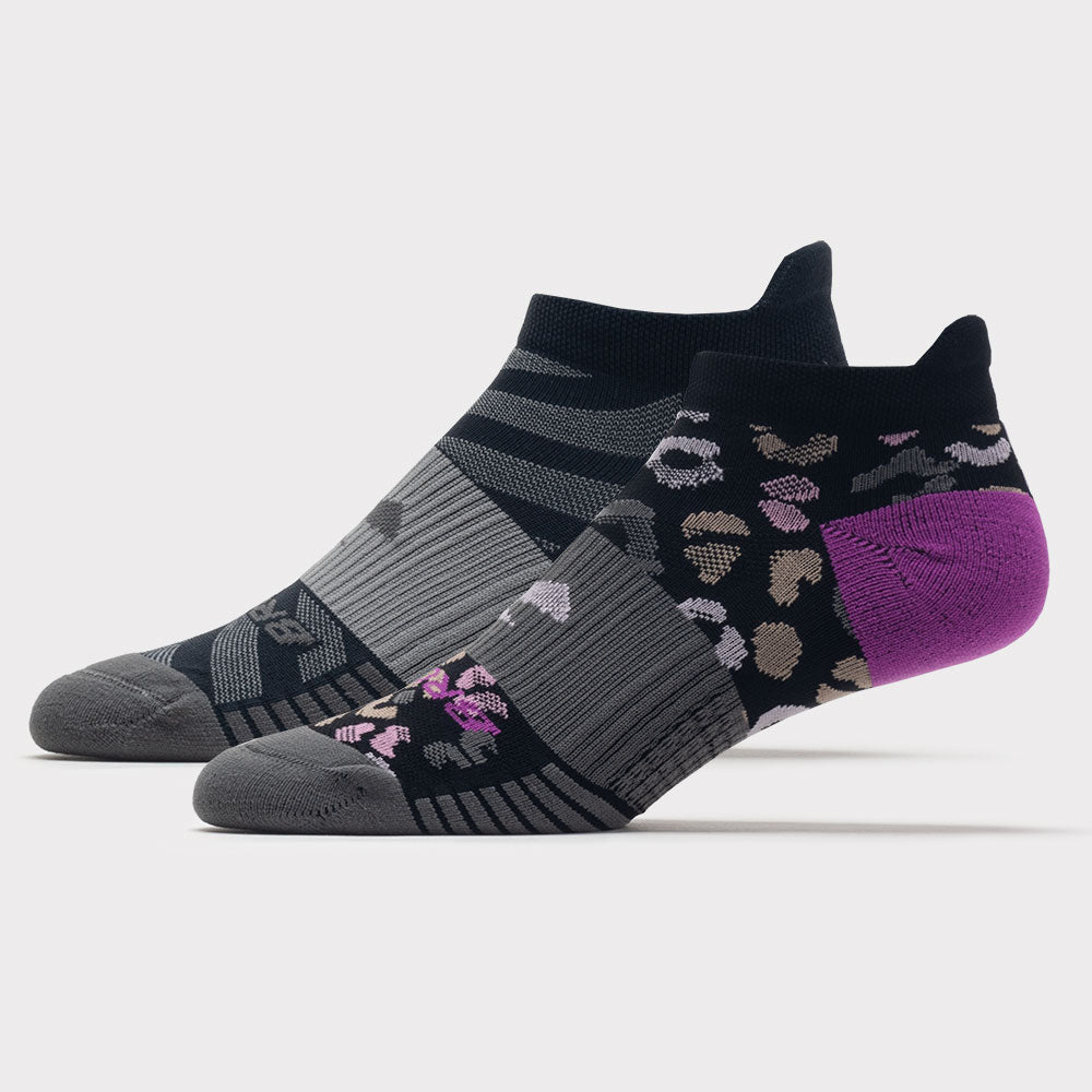 Brooks Ghost Lite No Show socks in black with leopard print and purple heel accent