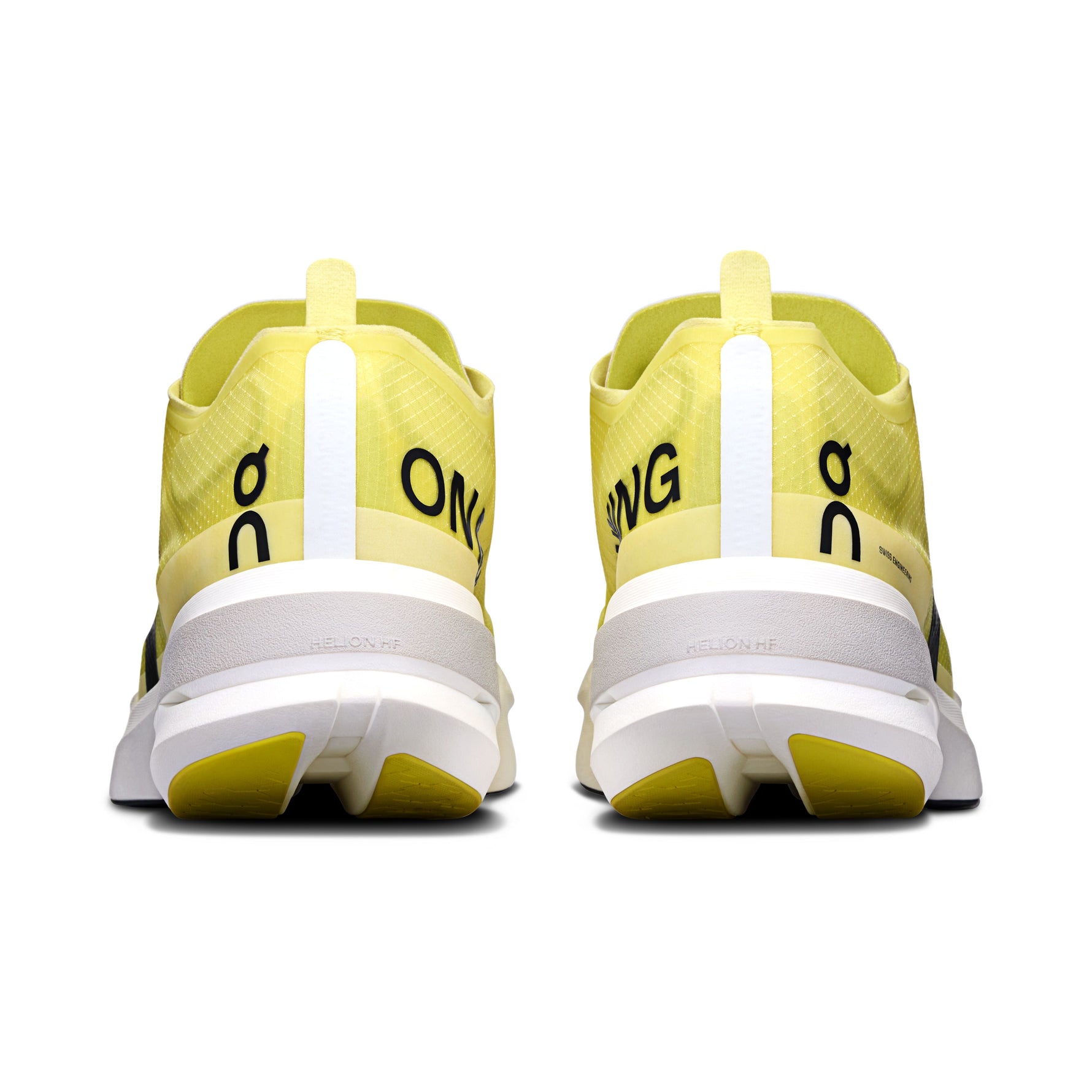 On Cloudboom Strike running shoes in limelight yellow colorway, rear view showing heel design