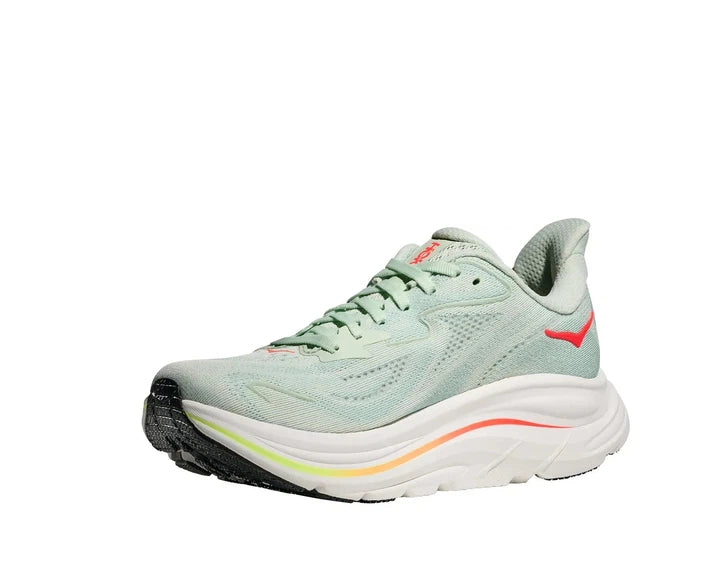 Hoka Clifton 10 women's shoe in Sea Glass Neon Flame, three-quarter front view on white background