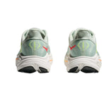 Hoka Clifton 10 women's shoes pair shown from rear view, Sea Glass Neon Flame colorway