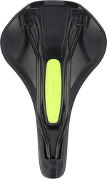 Specialized Bridge Comp MIMIC saddle bottom view showing neon yellow MIMIC technology insert and rail system