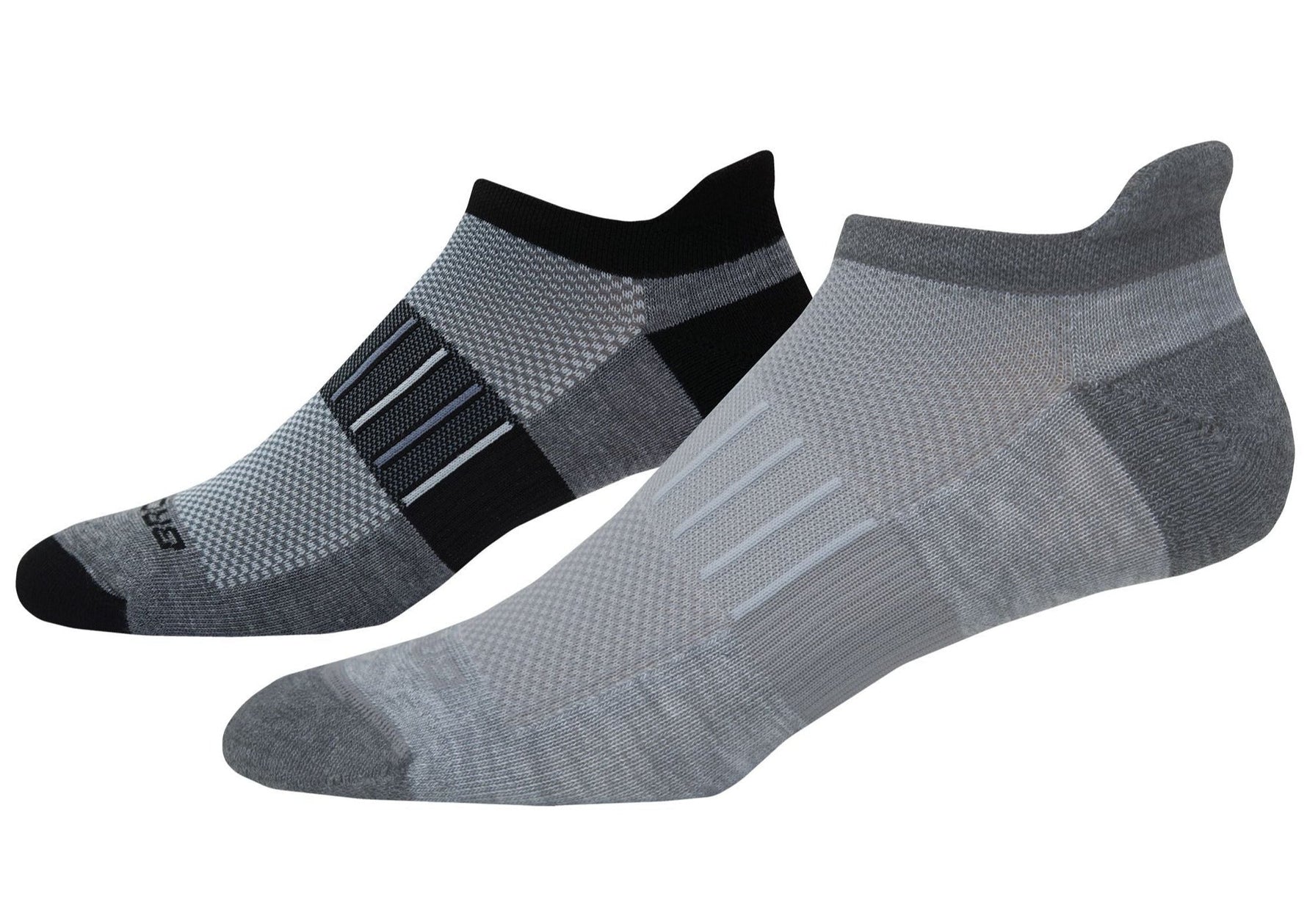 Brooks Ghost Midweight no-show socks in grey and black, two-pair pack displayed