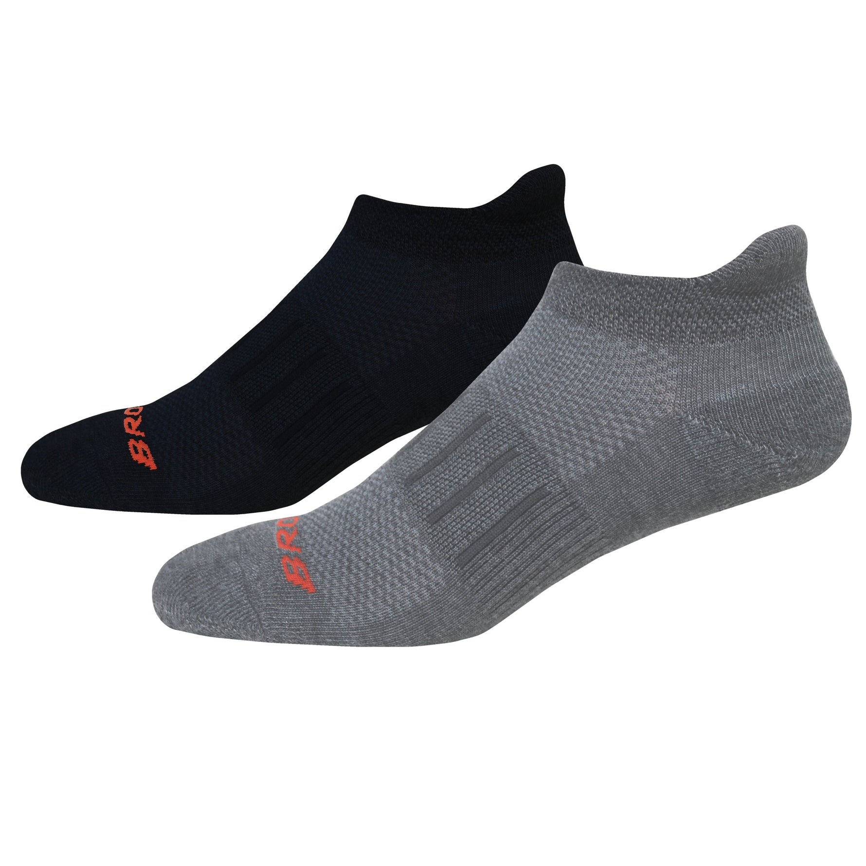 Brooks Ghost Midweight no-show socks in grey and black with red logo, 2-pack