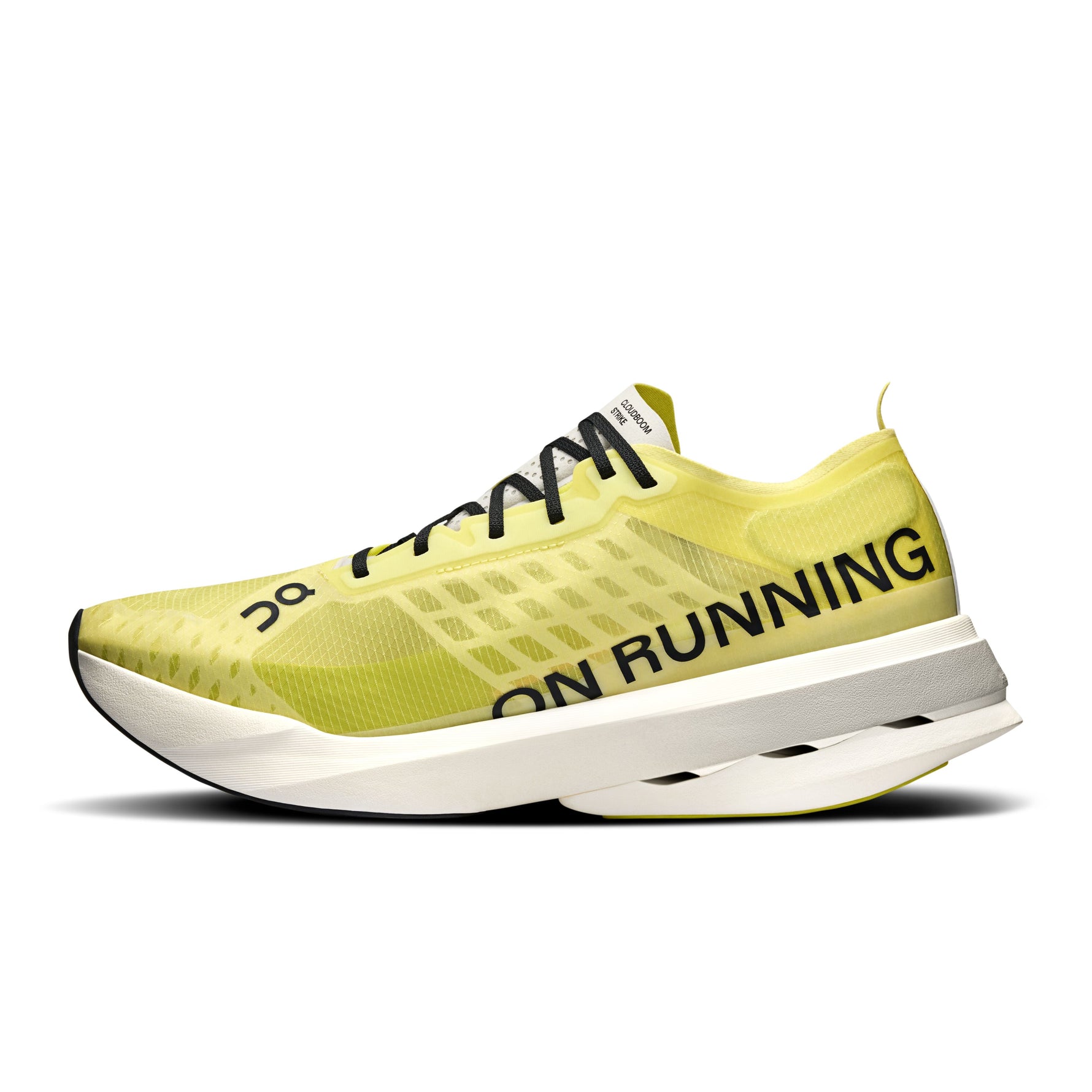 On Cloudboom Strike running shoe in limelight yellow with ON RUNNING text