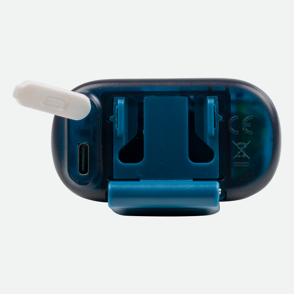 Nathan Luna Fire 400 RX LED light in sailor blue showing charging port and clip