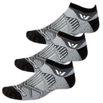 Three Swiftwick Aspire Zero Tab no-show running socks in black and white geometric pattern