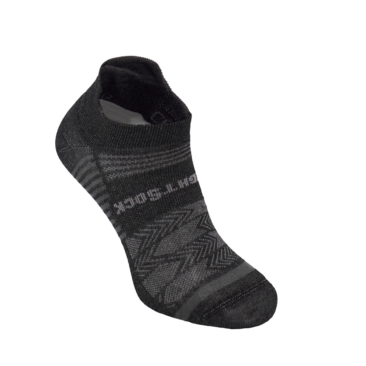 Black Wrightsock Coolmesh II tab length anti-blister sock with geometric pattern
