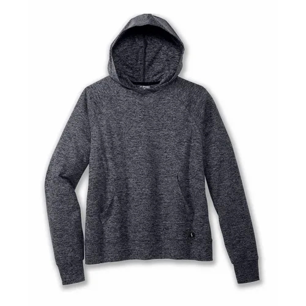 Brooks Luxe Hoodie in heathered black pullover style with kangaroo pocket