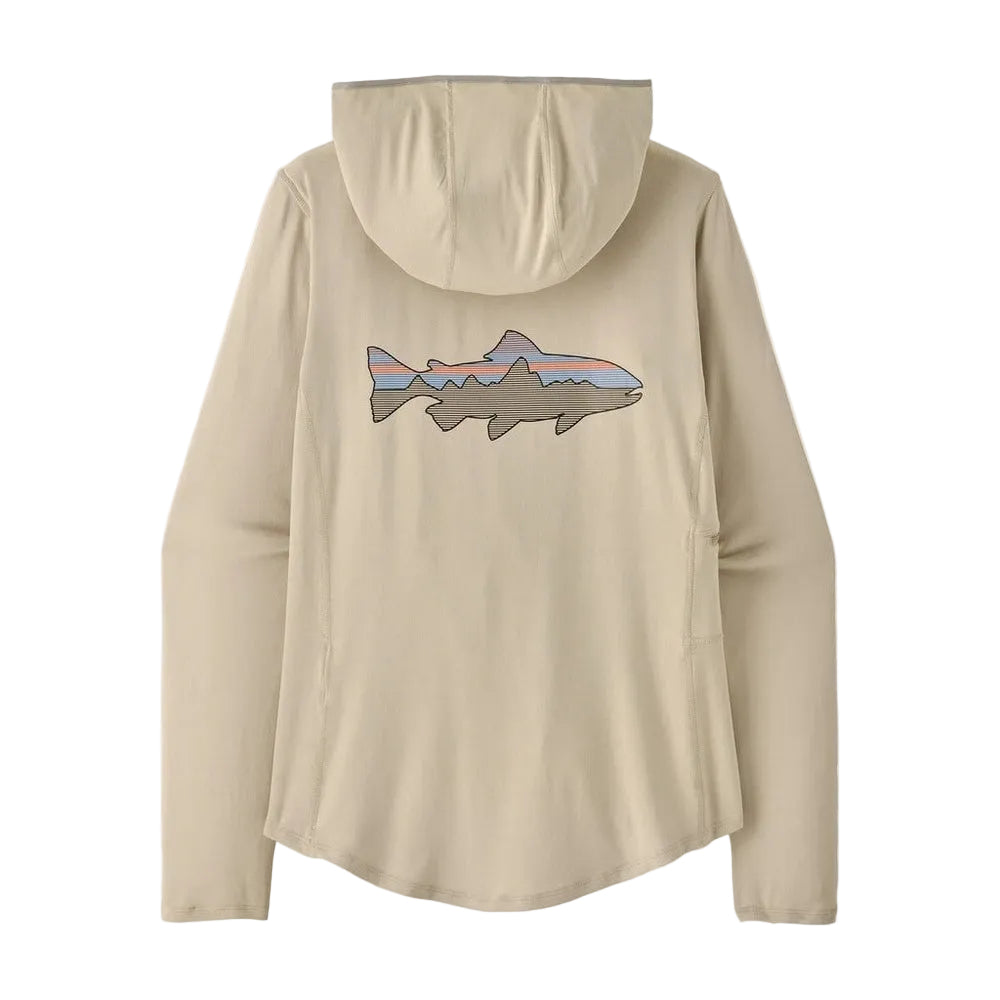 Patagonia Tropic Comfort hoody in pumice with Fitz Roy trout graphic on back