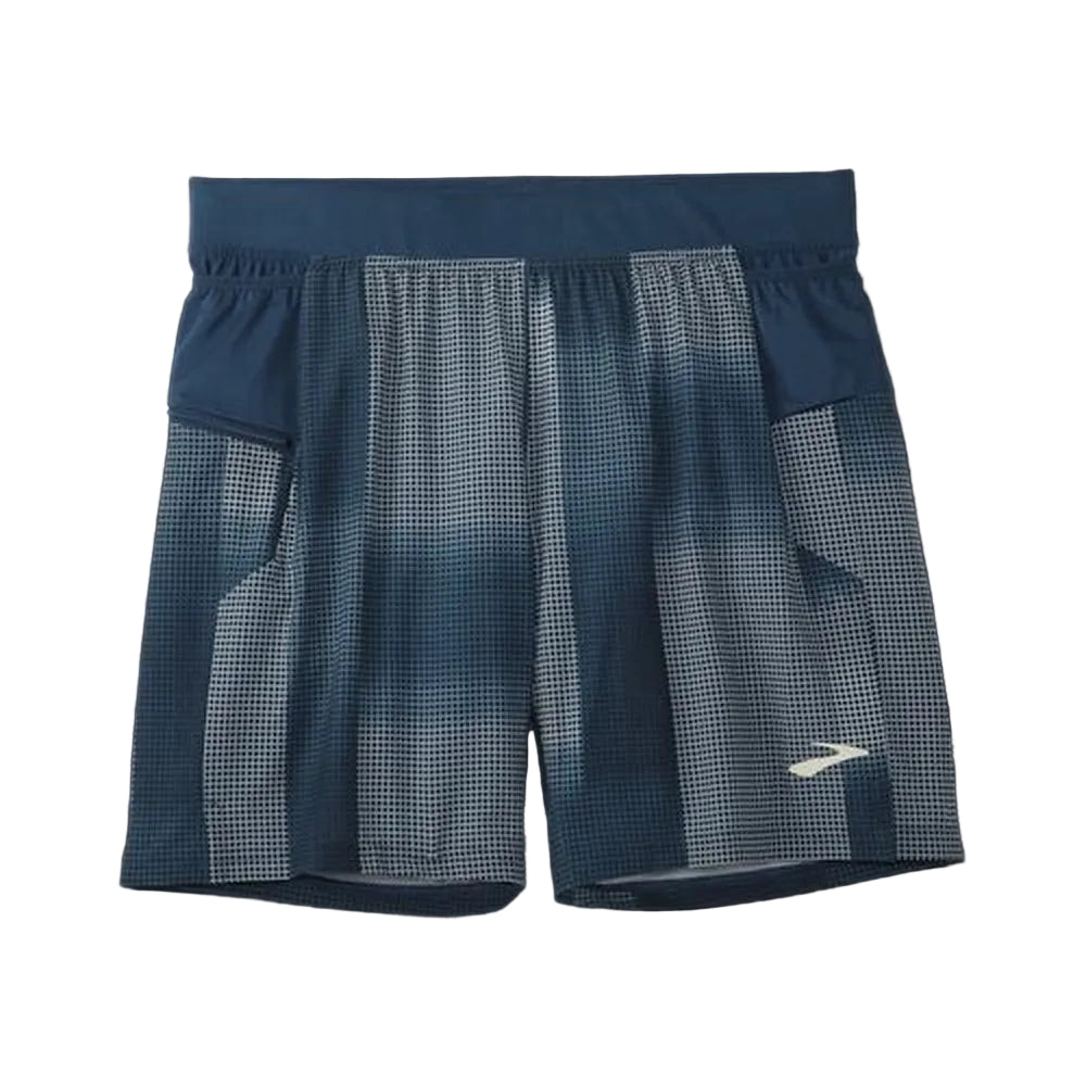 Brooks Sherpa 7 inch 2-in-1 running shorts in blue checkered pattern