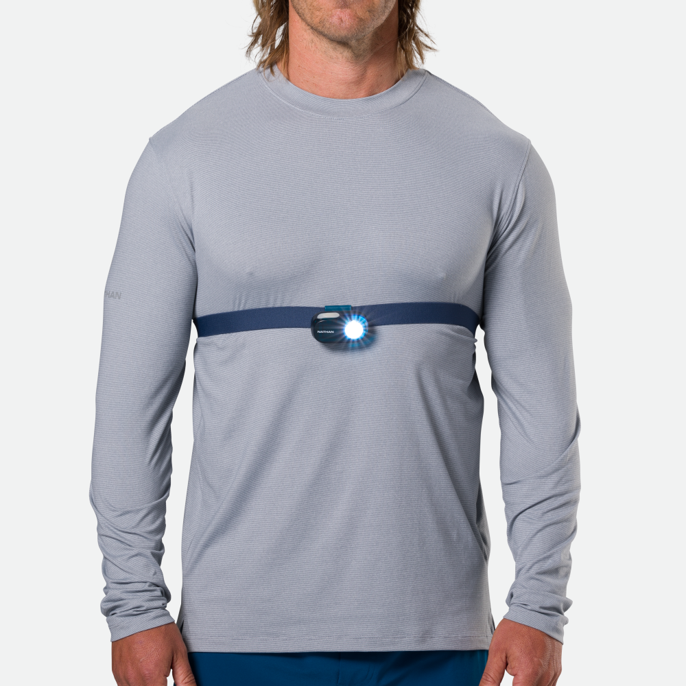 Nathan Luna Fire 400 RX LED chest light with sailor blue strap worn by runner