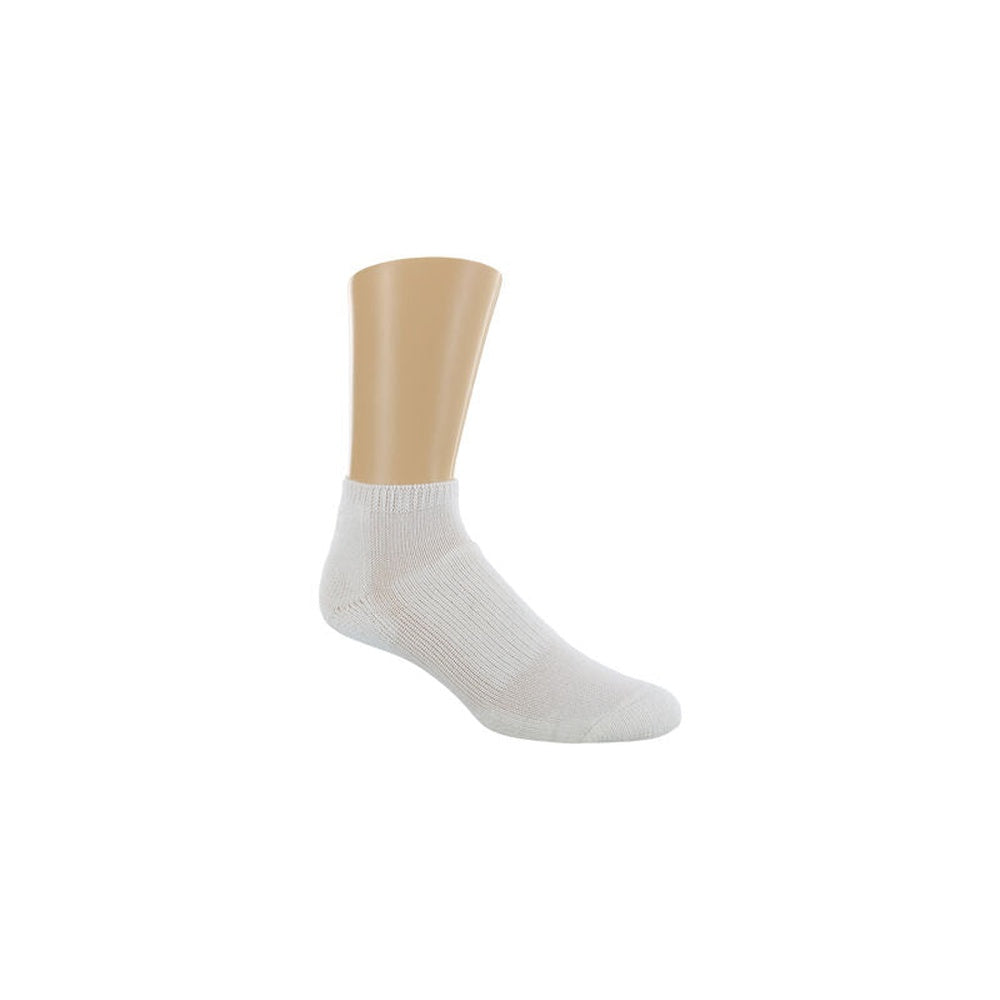 Thorlos white micro mini ankle walking sock with moderate cushioning on mannequin foot
