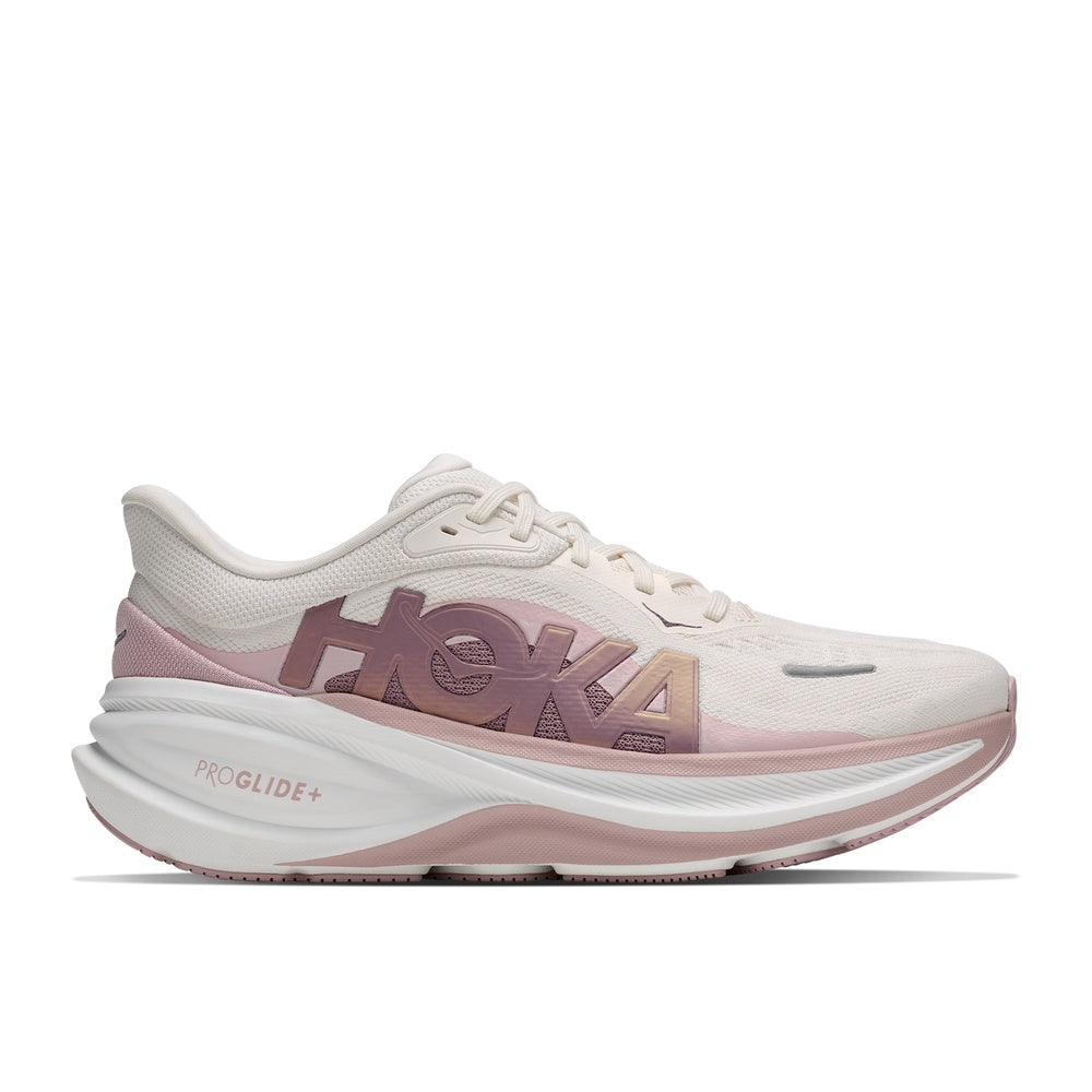 HOKA Clifton Pro GLM running shoe in Alabaster and Pink Opal colorway, lateral view
