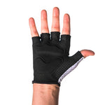 Black fingerless cycling glove with padded palm and patterned thumb shown on hand